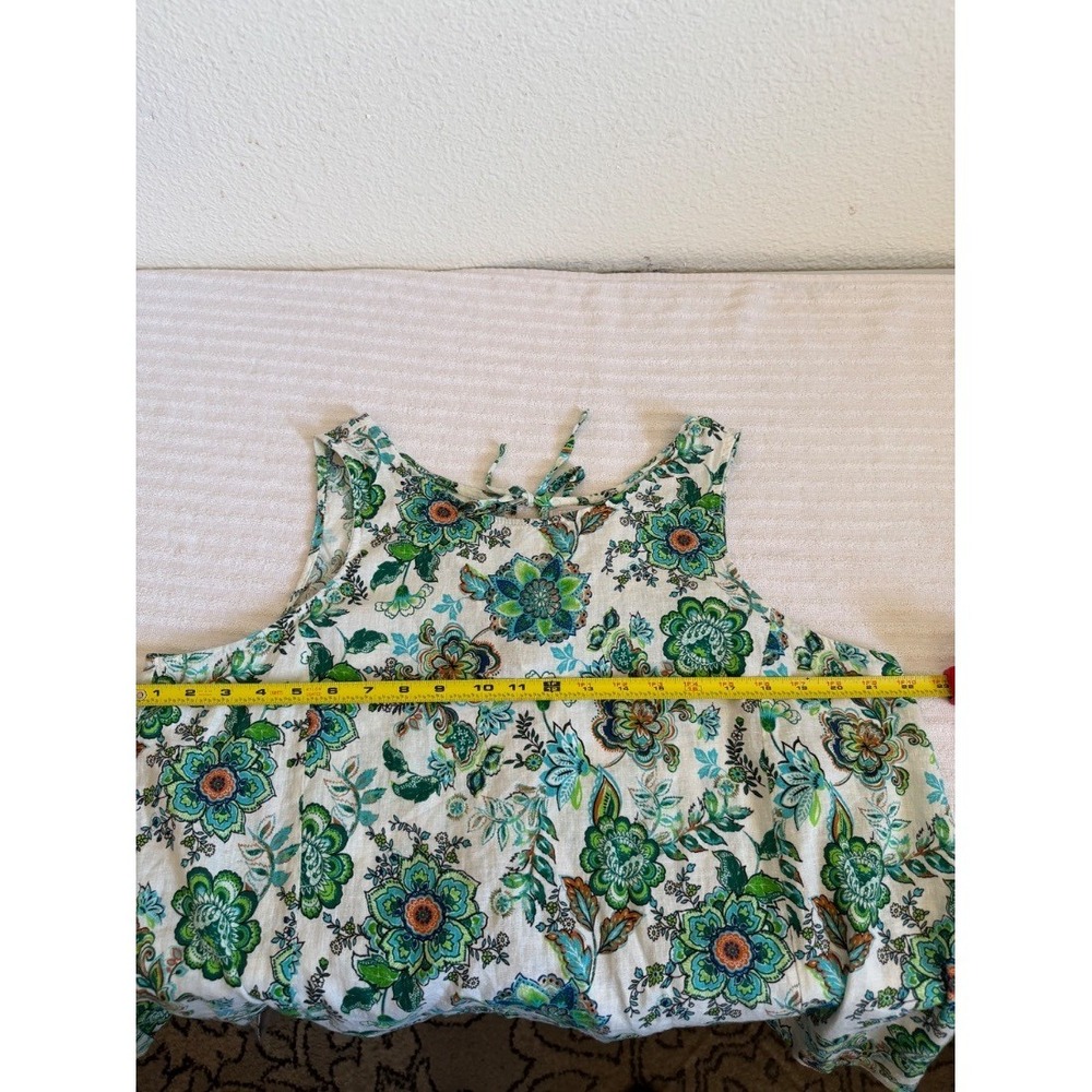 Womens Floral Linen Rayon Sleeveless Blouse Top Green Blue White Tie Back size X - Picture 12 of 13